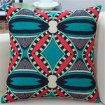 housse coussin imprimée moderne motifs géométriques bleu rouge noir 45x45cm