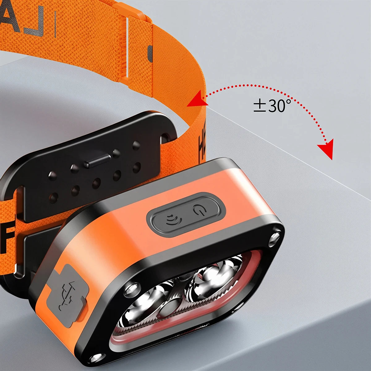lampe frontale rechargeable led usb étanche mode haut bas orange noir texture tissée moderne