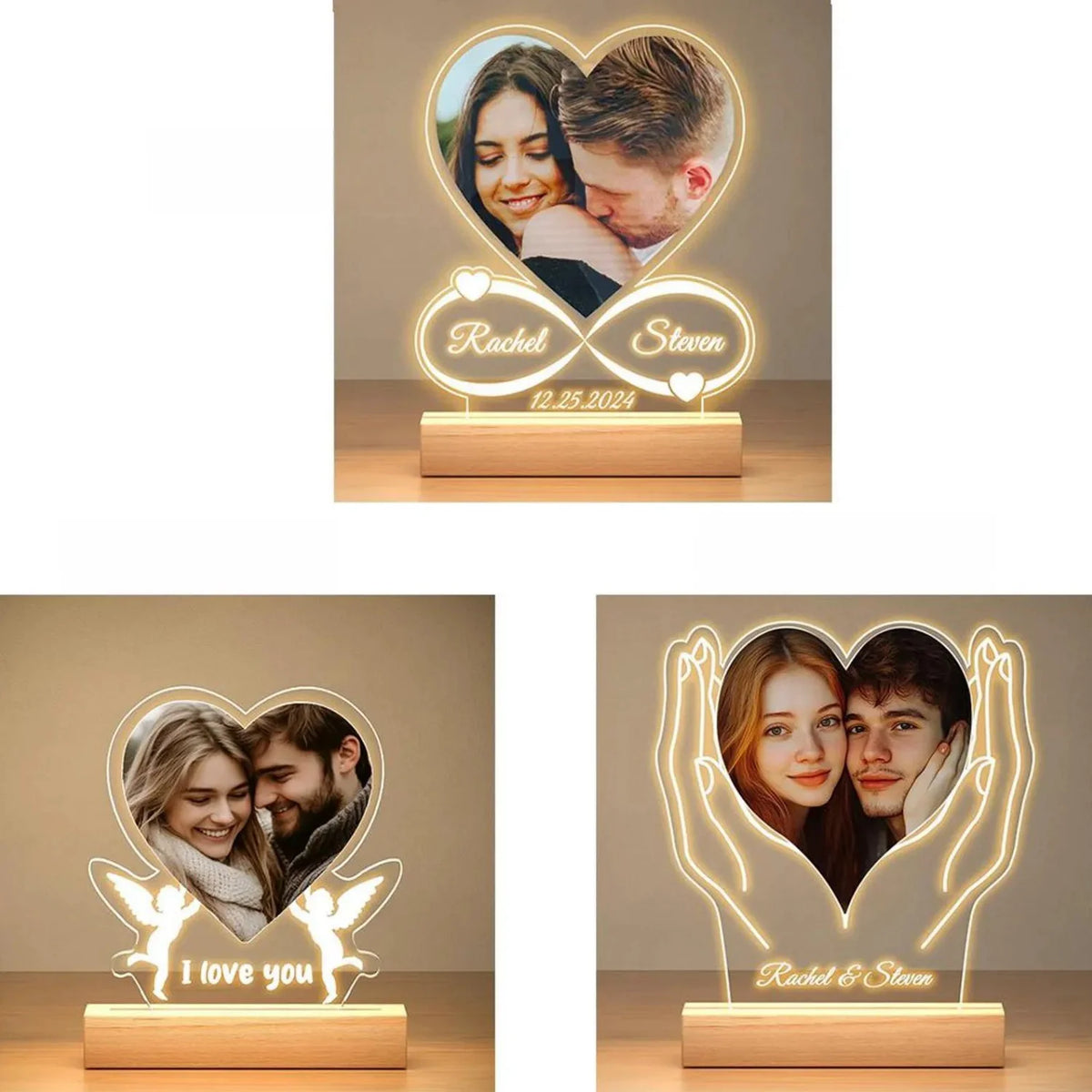 lampe led cœur personnalisable texte motifs mains anges veilleuse bois moderne déco blanc beige
