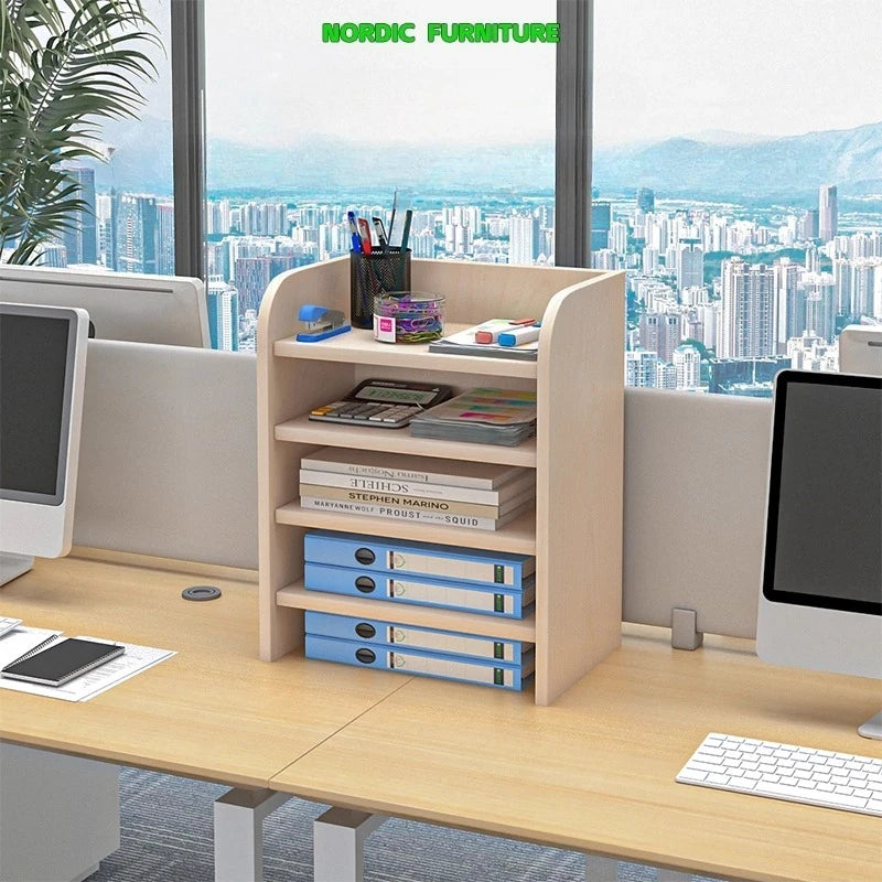 rangements multi niveaux bois moderne calculatrice stylos classeurs horloge bleu vert rouge