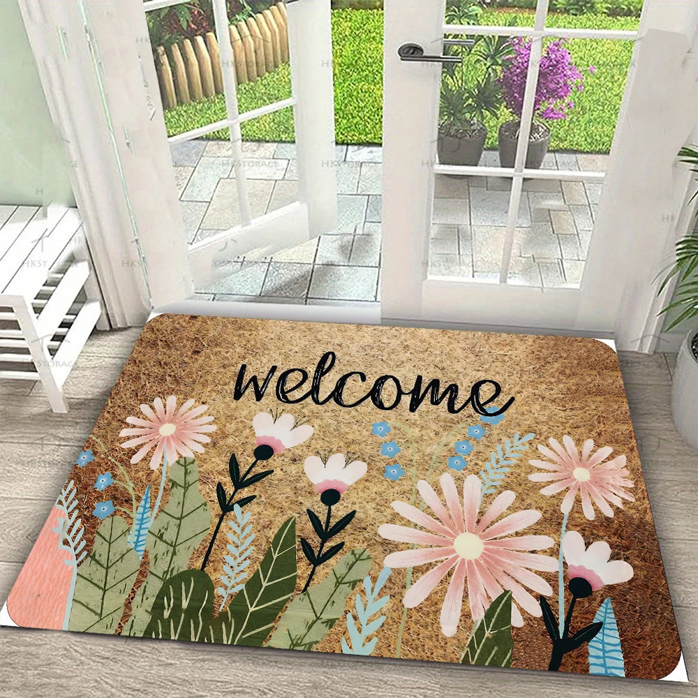 tapis d'entrée floral papillons bienvenue beige rose vert antibactérien antidérapant moderne