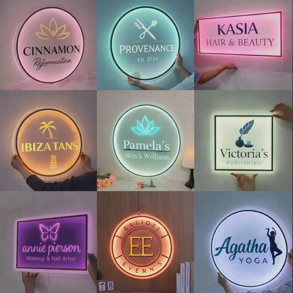 panneau lumineux moderne élégant logo texte noir blanc doré led decoration entreprise