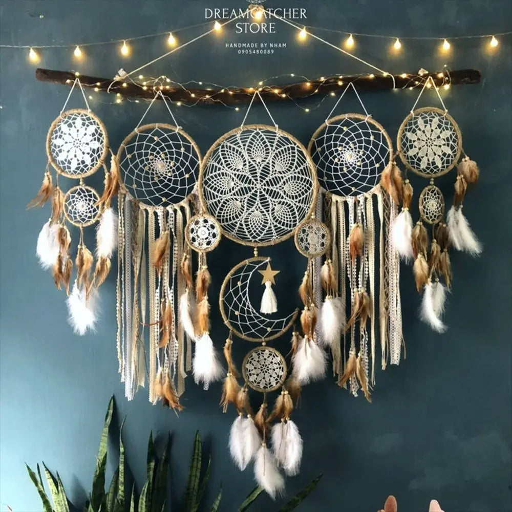 attrape rêves lune étoile plumes crochetées bohème décoration murale plumes colorées ornements pastoraux fée