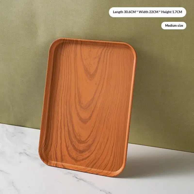plateau service alimentaire plastique imitation bois moderne minimaliste marron clair foncé règle intégrée empilable