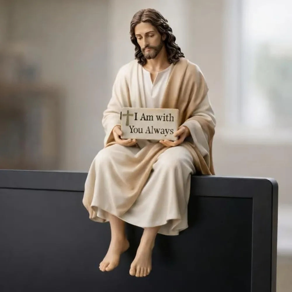 statue jésus assis inscription toujours toi résine religieuse décoration table beige texture détaillée croix