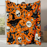 Motif effrayant et coloré rempli de crânes, chauves-souris et autres symboles gothiques sur un fond orange vif.