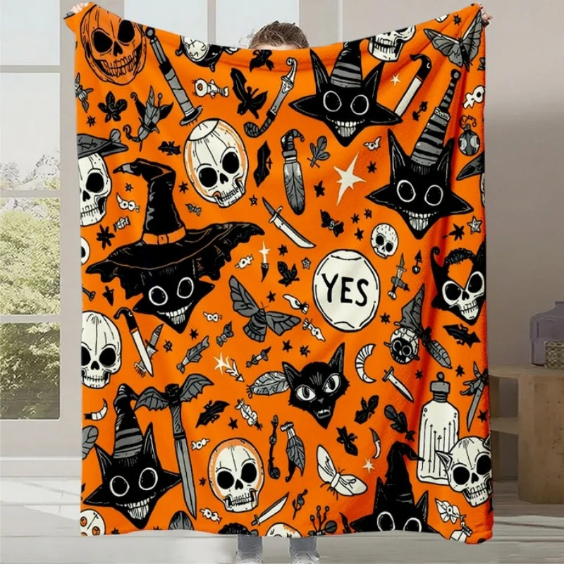 Motif effrayant et coloré rempli de crânes, chauves-souris et autres symboles gothiques sur un fond orange vif.