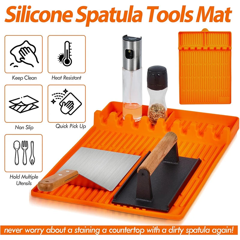 tapis cuisine silicone orange grille résistance chaleur clips antiadhésif nettoyage ustensiles barbecue couteau spatule