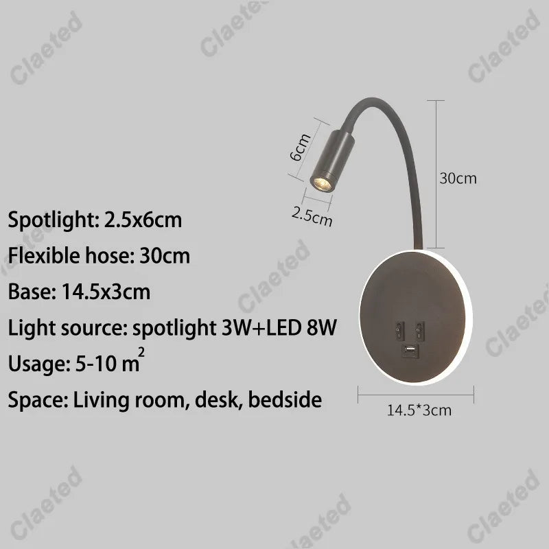 lampe murale flexible moderne noir blanc éclairage cuisine salle manger prise électrique led.angle réglable
