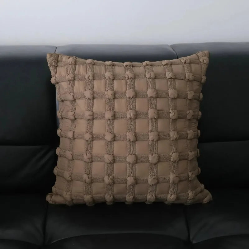 coussin carré moderne marron clair brodé polyester texture tissée nordique décoration intérieure fixations decoration