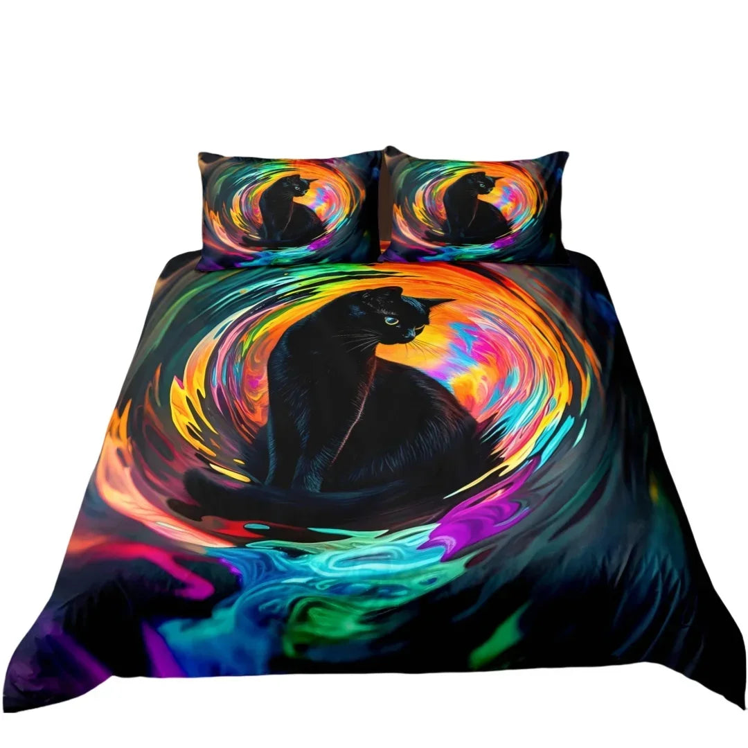 housse couette chat noir taies d'oreiller multicolore ensemble literie moderne fond abstrait cercles colorés