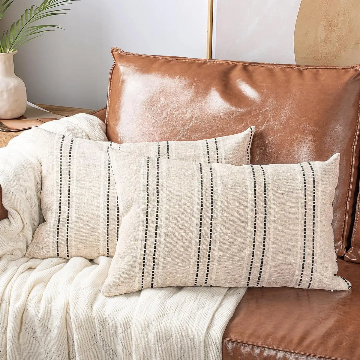 housses coussin rayées polyester non toxique respectueux environnement rustique beige clair fixations