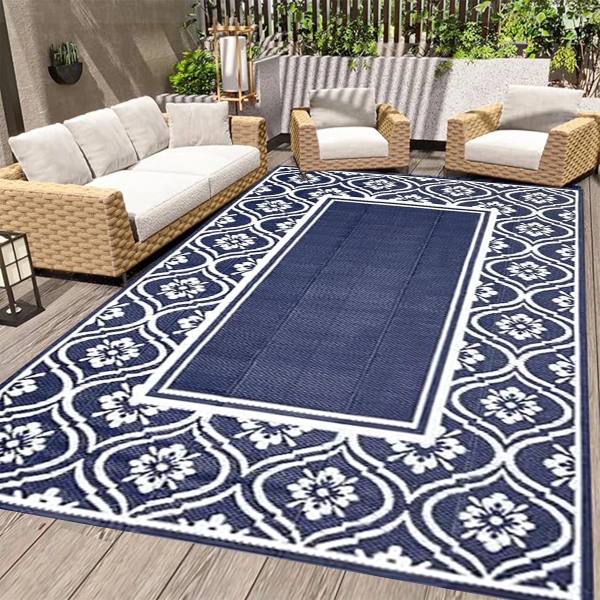 tapis extérieur moderne polypropylène noir blanc gris motifs floraux rectangleversible imperméable double face