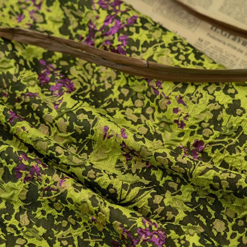 tissu bohème floral vert noir violet polyester texturé motifs végétaux robe jupe sac main