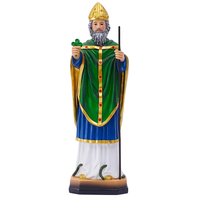 statue saint patrick résine trèfle serpent base décor religieux traditionnel trèfle or vert bleu
