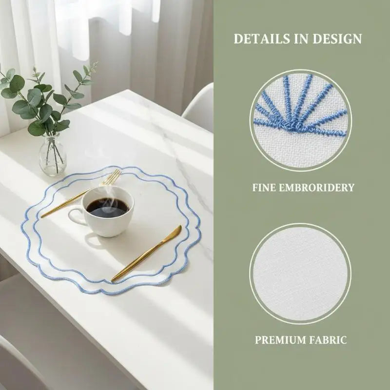 assiettes coton brodées moderne bordure ondulée blanc vert bleu élégantes cuisine