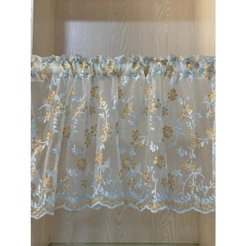 rideau blanc fleurs dorées brodé romantique translucide tulle polyester
