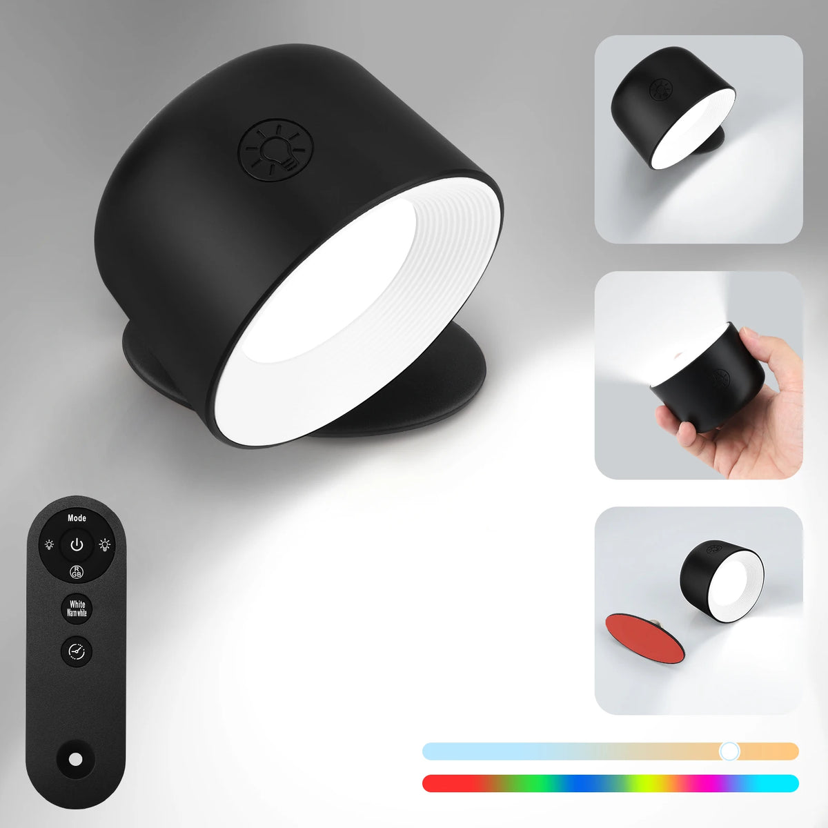 lampe led tactile noire rotation 360° couleurs changeables télécommande moderne minimaliste