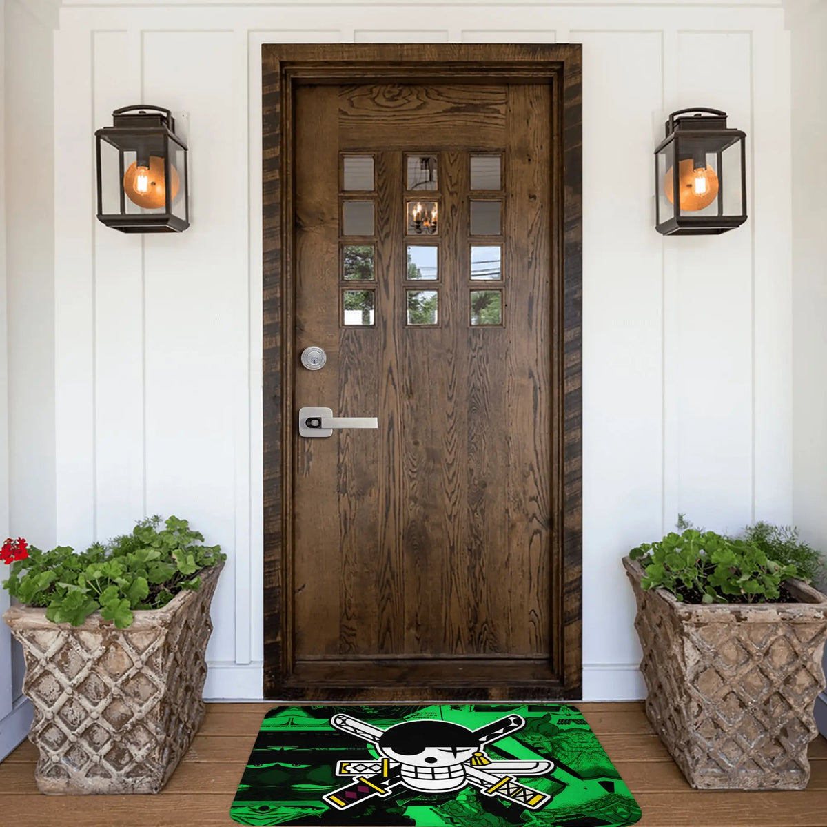 tapis sol antidérapant one piece zoro épées croisées moderne vert noir blanc