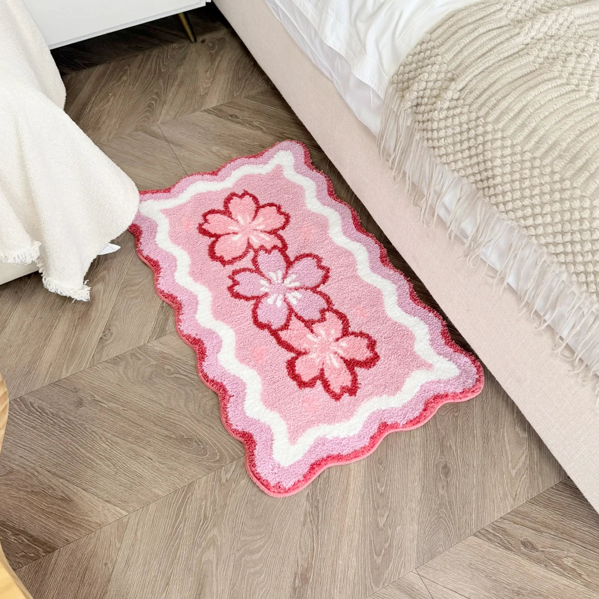 tapis moelleux antidérapant motif cœur dégradé fleurs cerisier bords ondulés rose doux intérieur extérieur