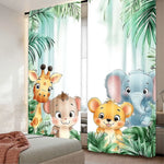 rideau animaux jungle girafe éléphant singe lion vert bleu beige orange gris illustration moderne
