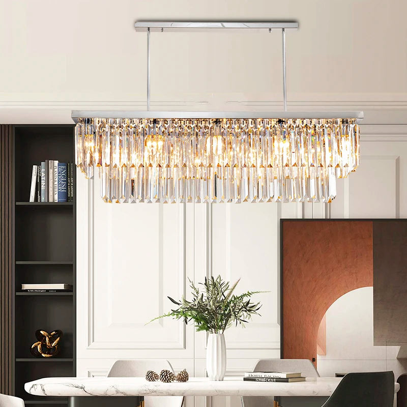 Suspension lumineuse moderne cristal transparent doré chaînes métalliques led 100 120 cm