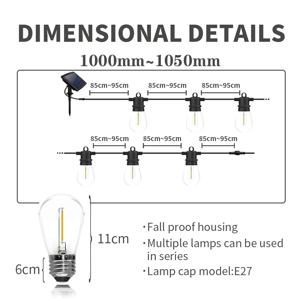 guirlande lumineuse solaire vintage filaments transparents noir industrielle extérieure 10mètres festive jardin party