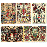 sticker autocollant tatouage vintage motifs traditionnels fleurs animaux symboles rouge noir beige blanc bleu
