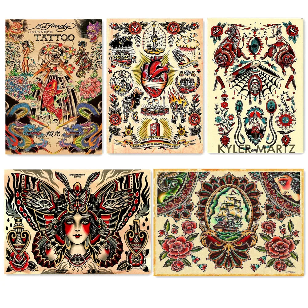 sticker autocollant tatouage vintage motifs traditionnels fleurs animaux symboles rouge noir beige blanc bleu
