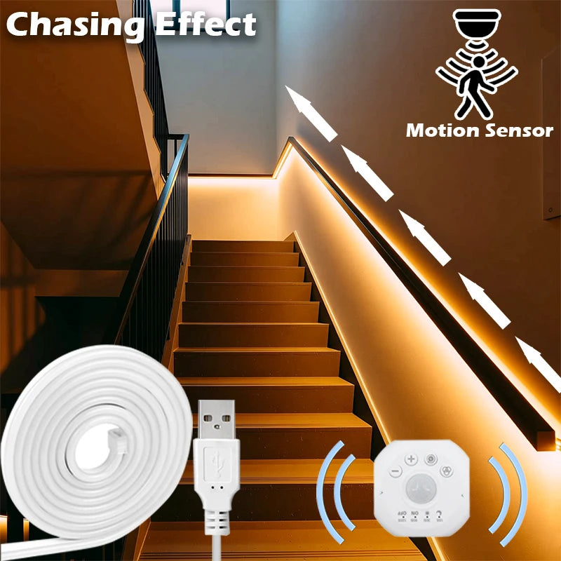 ruban led blanc adhésif moderne détecteur mouvement effet poursuite 60v 5w salon escalier armoire