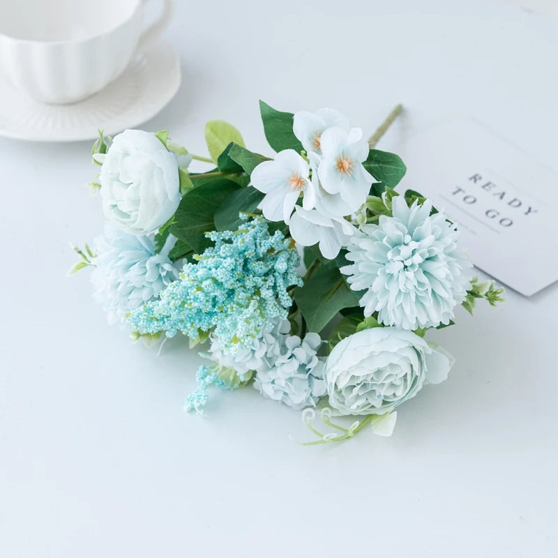bouquet fleurs artificielles pivoines soie rose blanc violet bleu clair jaune feuillage vert décoration