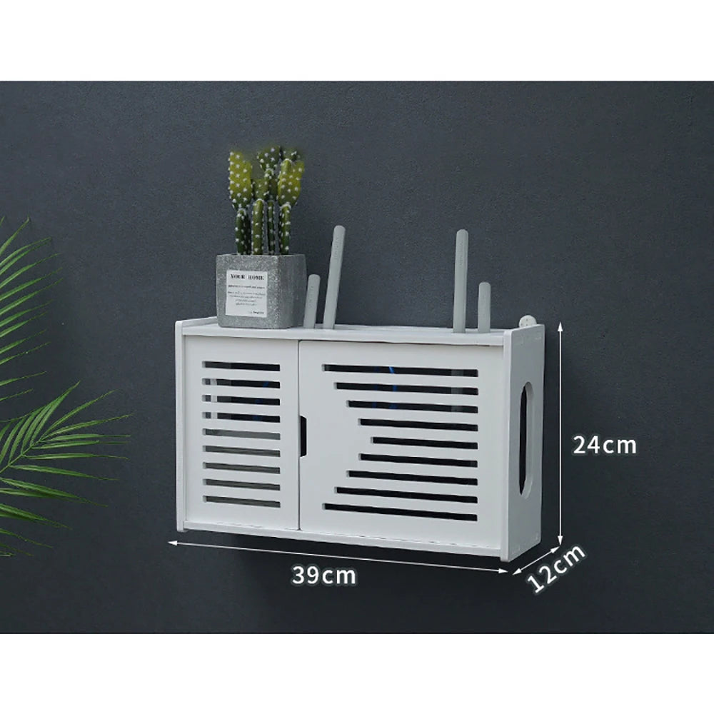 meuble rangement mural blanc bambou prises électriques étagères cable wifi