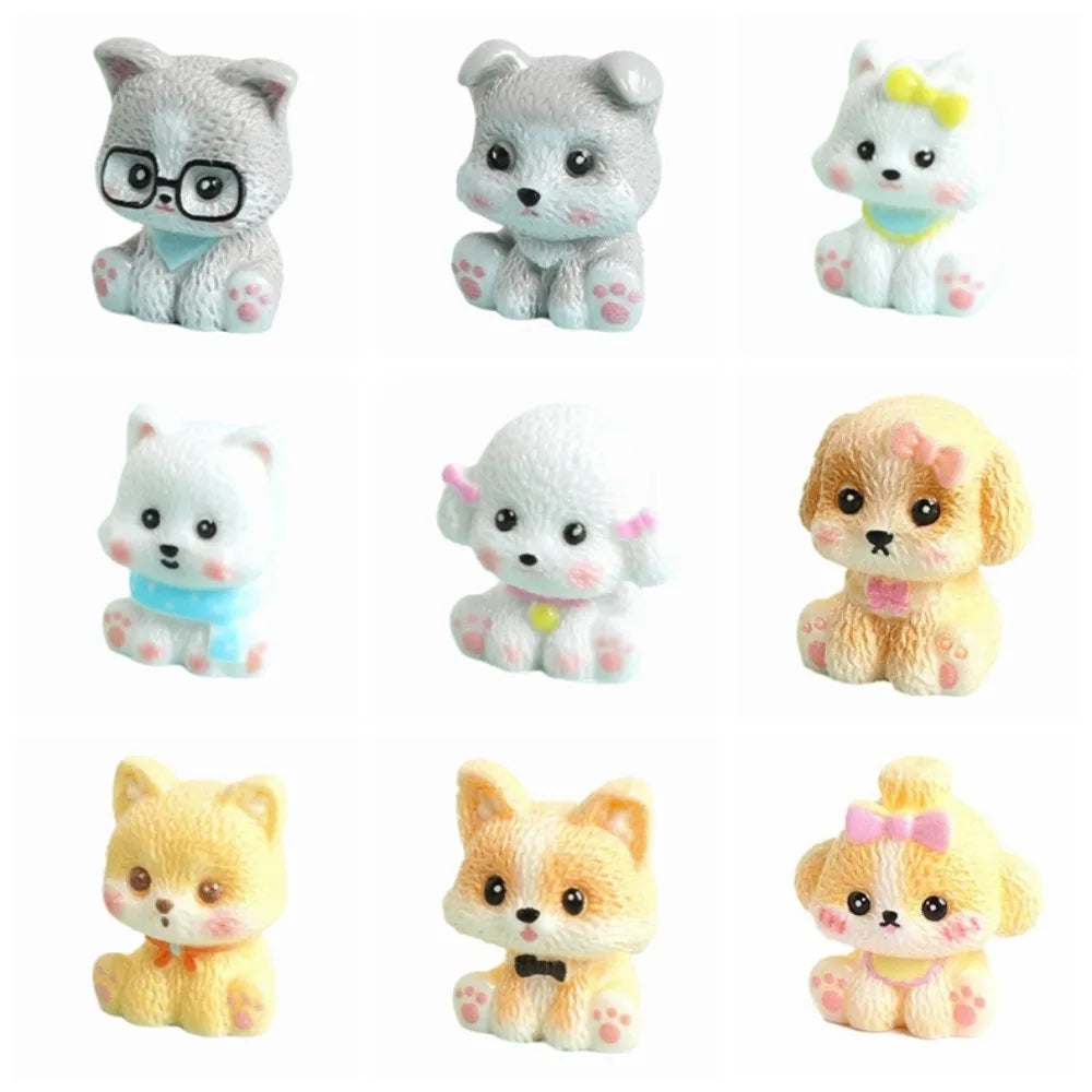 figurines chiots résine décoratives mignonnes accessoires lunettes nœud papillon blanc gris jaune orange