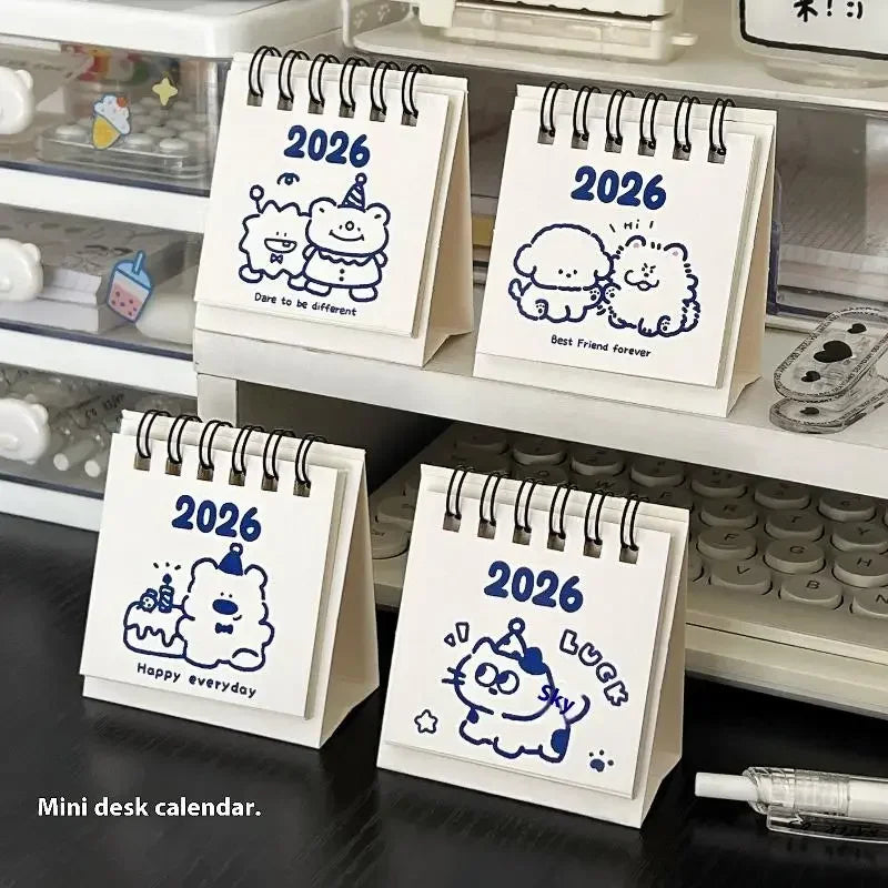 calendrier mini blanc bleu mignon dessins animés anneaux métalliques dates imprimées modernes minimalistes