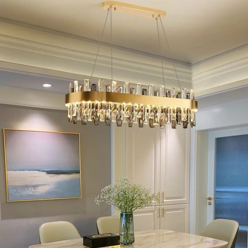 Suspension lumineuse moderne cristal doré brillant transparent salon restaurant chambre principal