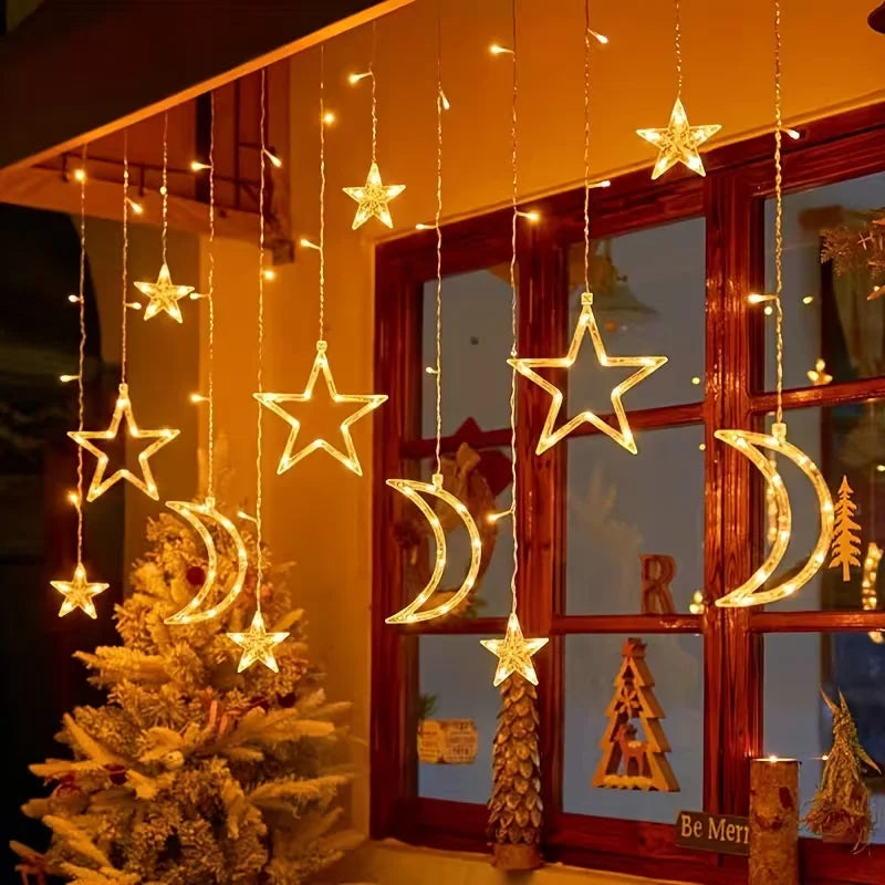 guirlande lumineuse étoiles lunes solaire led blanc doré moderne festif clips extérieur noël ramadan