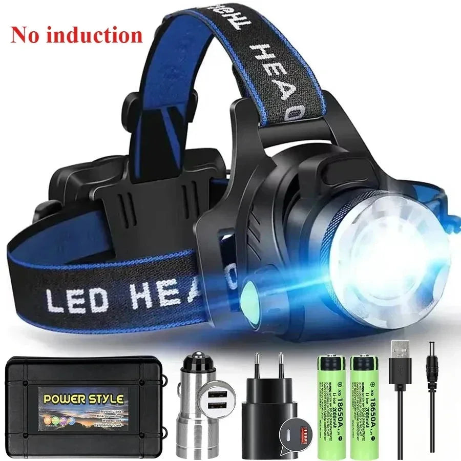 lampe frontale led rechargeable 15w modes nuit pêche course tissu bleu noir adjustable