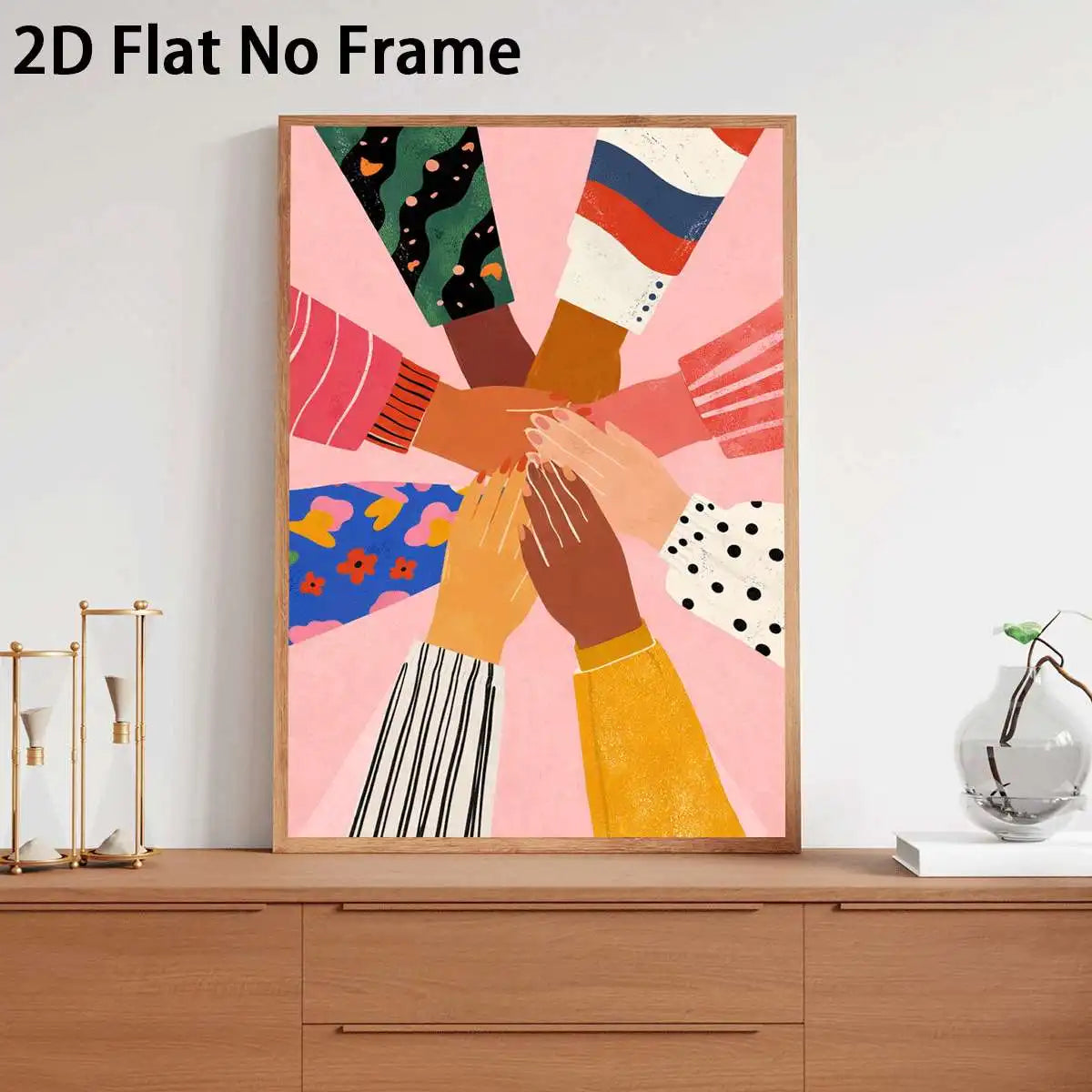 affiche abstraite mains entremêlées géométrique moderne rose vert bleu noir blanc marron clair sans