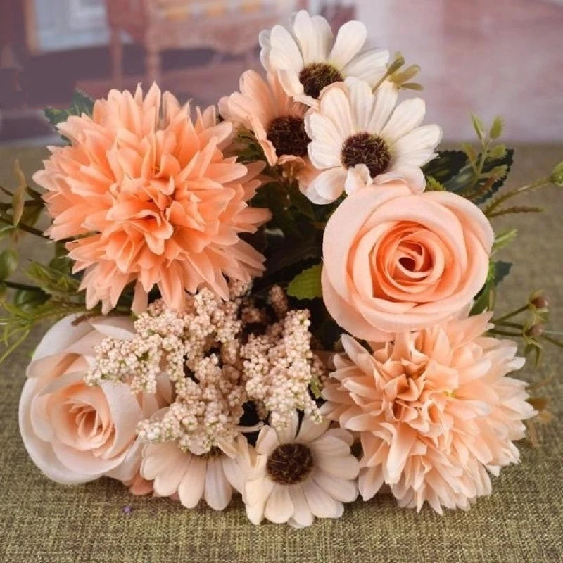 bouquet fleurs artificielles vintage intérieur décoration maison rouge blanc rose orange marron