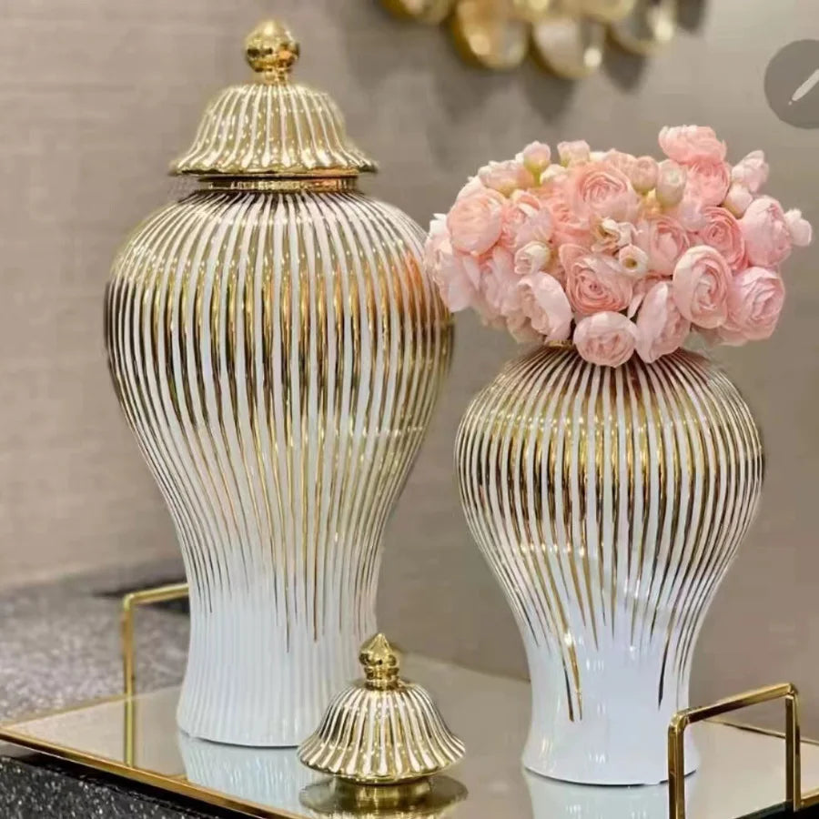 vase blanc doré rayures verticales moderne élégant couvercle décoration maison