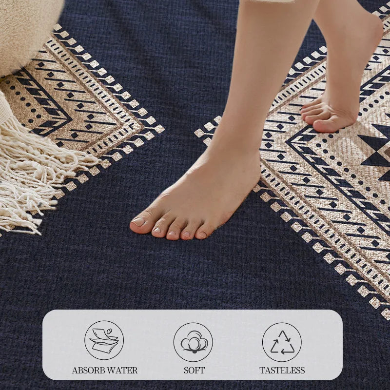 tapis sol cuisine entrée moderne motif géométrique bleu marine beige fibre bambou antidérapant