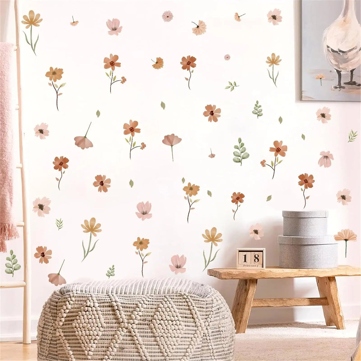 sticker mural fleurs orange rose vert clair adhésif décoration naturelle chambre enfant salon imperméable