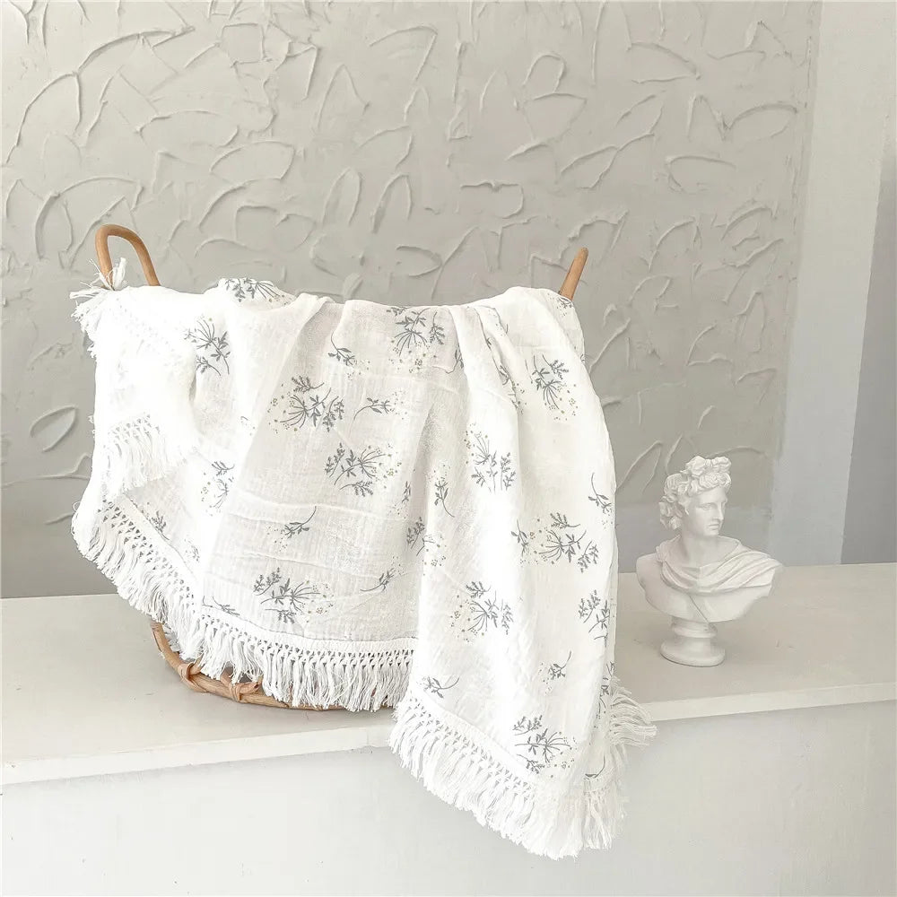 couverture bébé coton rayures pois étoiles lunes fleurs blanc beige rose gris franges anneaux