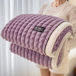 couverture double couche fausse fourrure beige rayures horizontales deux oreillers canapé
