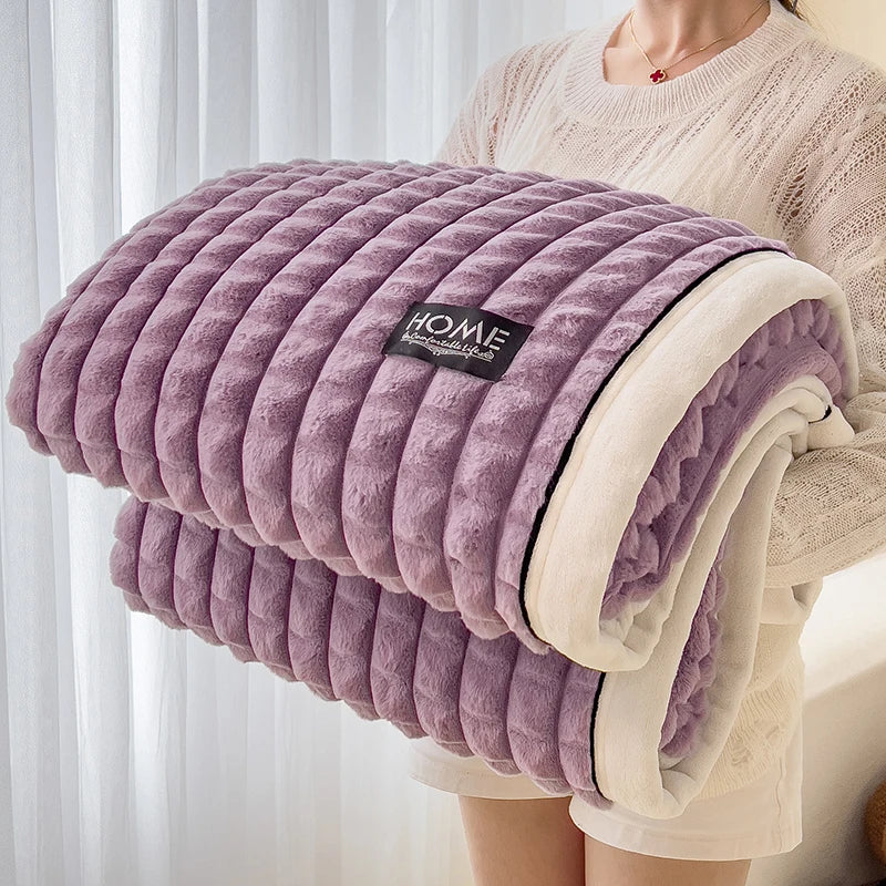 couverture double couche fausse fourrure beige rayures horizontales deux oreillers canapé