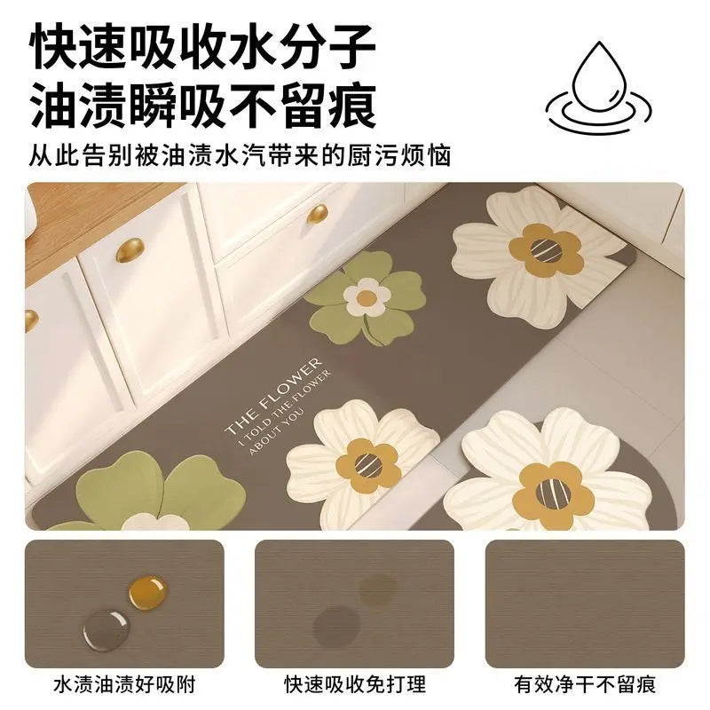tapis cuisine antidérapant motifs floraux moderne deux pièces gris foncé vert olive marron clair