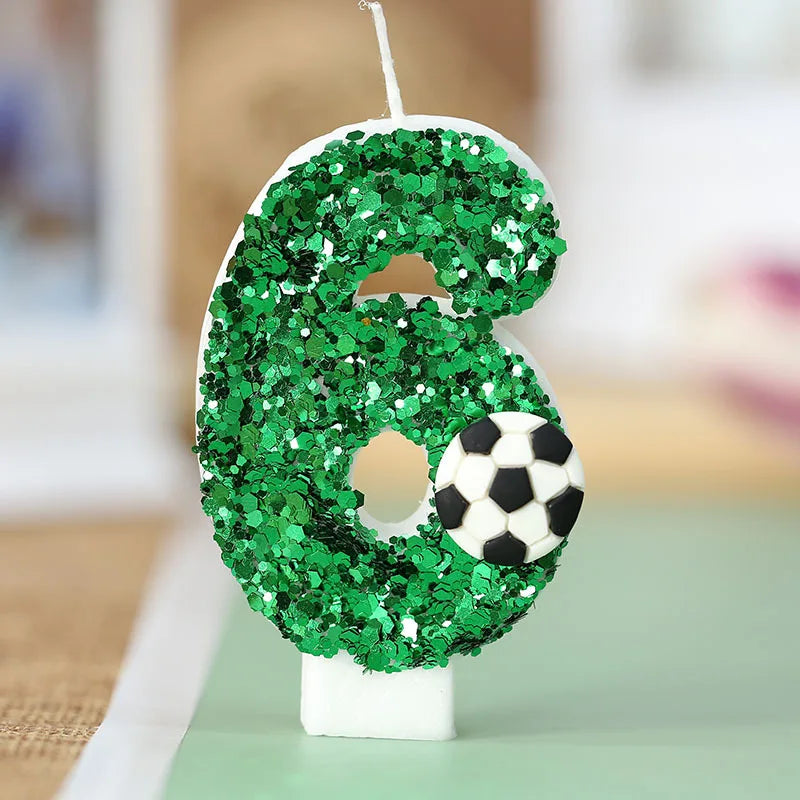 bougies anniversaire numérotées vertes paillettes ballon football décoratives enfants gâteau fête sportive