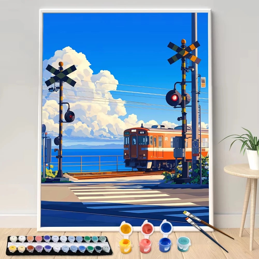 kit peinture numéros tableau paysage train toile pinceaux couleurs