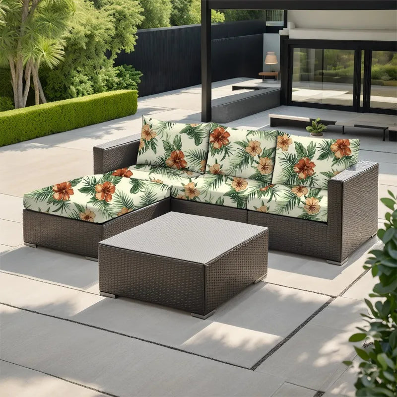 canapé extérieur moderne coussins fleurs tropicales beige vert orange printemps été polyestère lavable machine