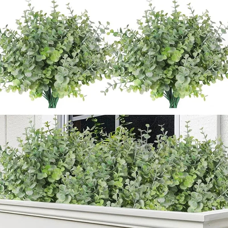 plantes artificielles eucalyptus vert feuilles rondes décoration maison rustique bohème pots blancs plateau naturelbranches